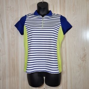 Chicos Zenergy Golf Navy & Lime Striped Top Sz Med (Chicos Size 1)